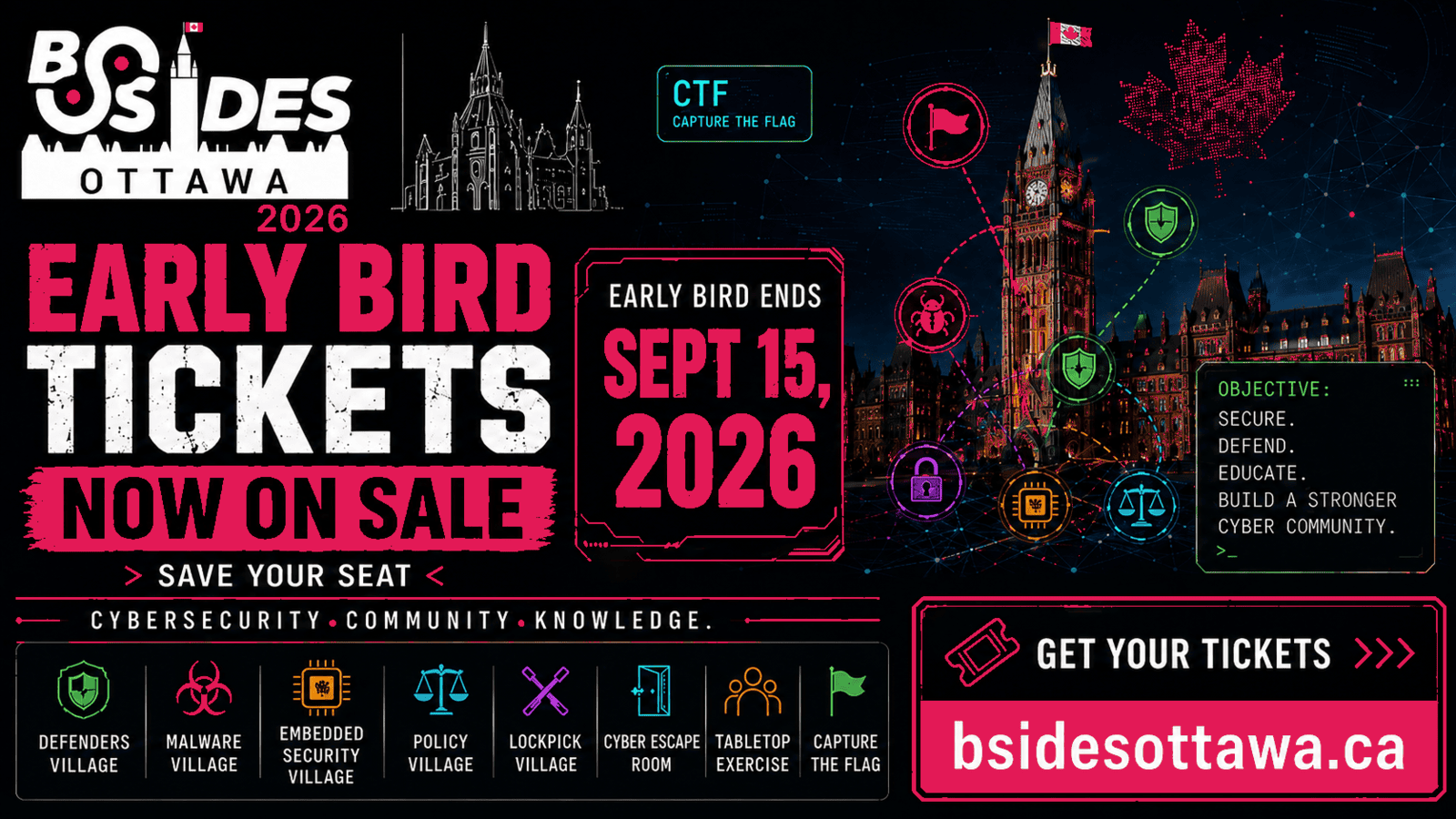 BSides Ottawa 2026 early bird tickets are now on sale. Early bird ends September 15, 2026.