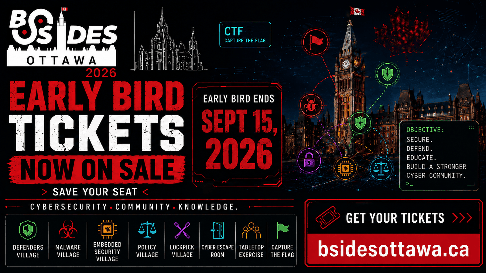 BSides Ottawa 2026 early bird tickets are now on sale. Early bird ends September 15, 2026.